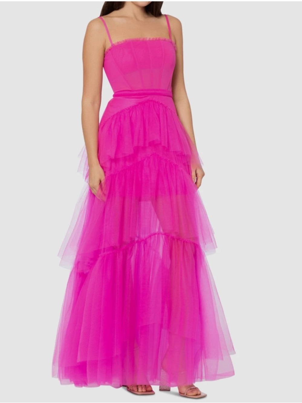 Betsy & Adam Pink Corset Mesh Square Neck Tiered Tulle Ball Gown Dress Size 6